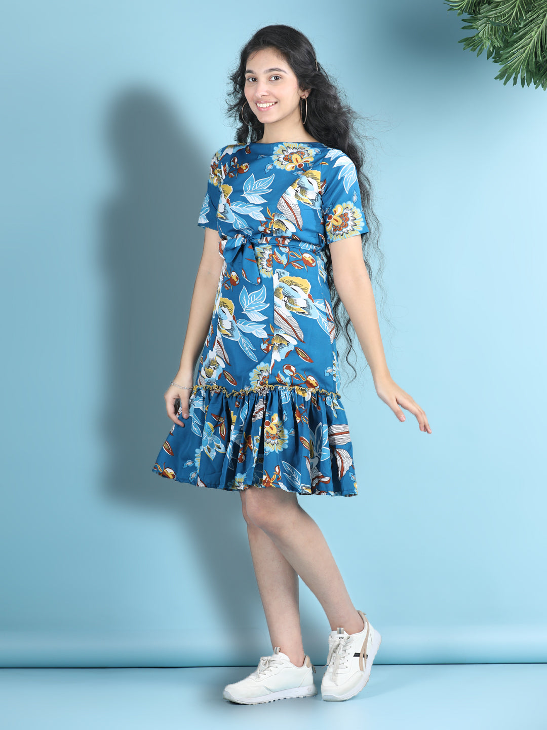 Cutiekins Girls Trendy & Stylish Floral Printed Dress -Petrol Blue & Multi