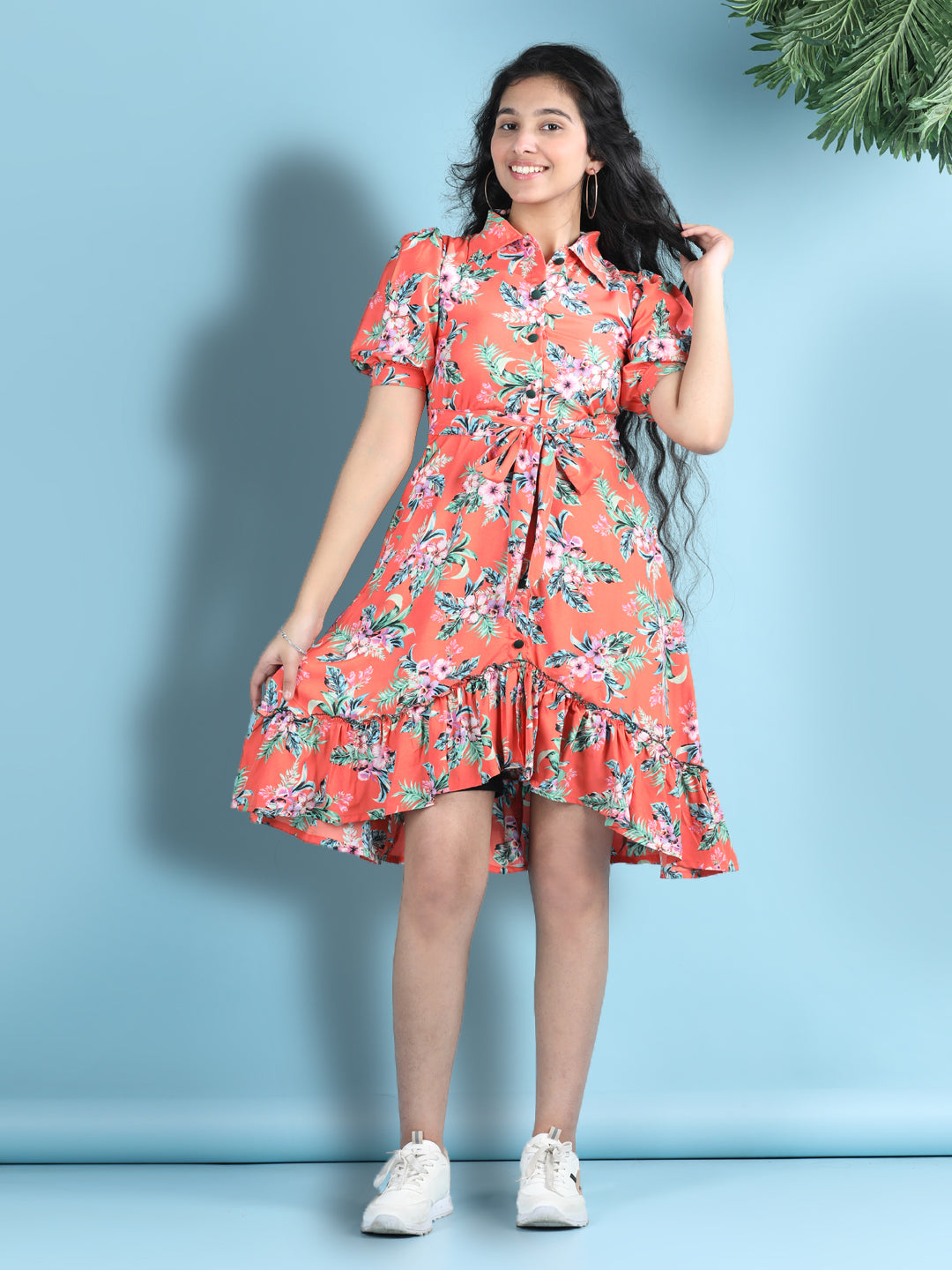 Cutiekins Girls Trendy & Stylish Floral Printed Dress -Orange & Multi