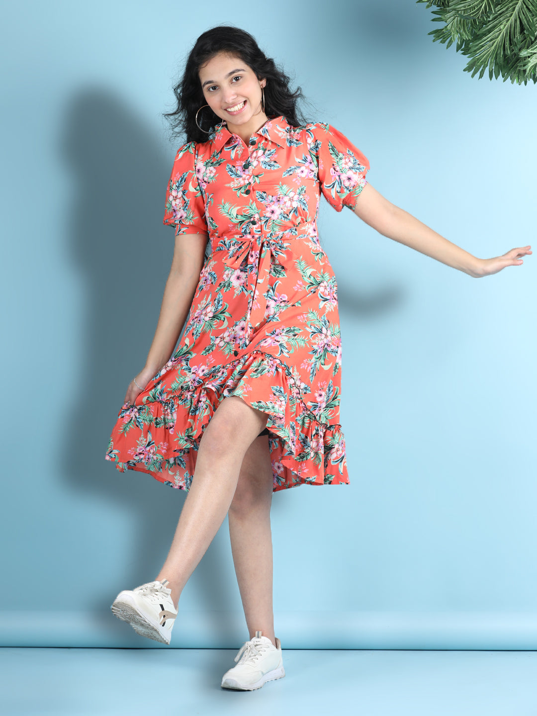 Cutiekins Girls Trendy & Stylish Floral Printed Dress -Orange & Multi