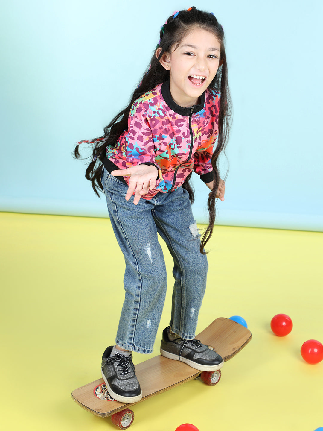 Cutiekins Cotton Lycra Leoaped Print Full Sleeves Jacket-Purple & Black