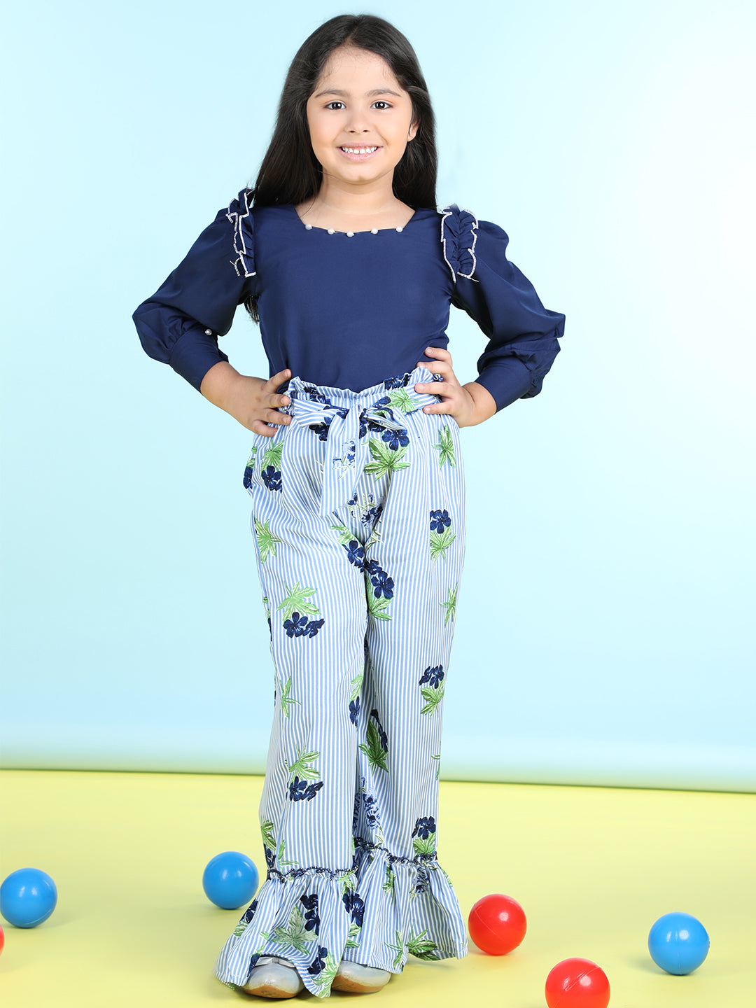 Cutiekins Polyester Solid Top & Printed Palazzos Set -Teal Blue & Turquoise Blue