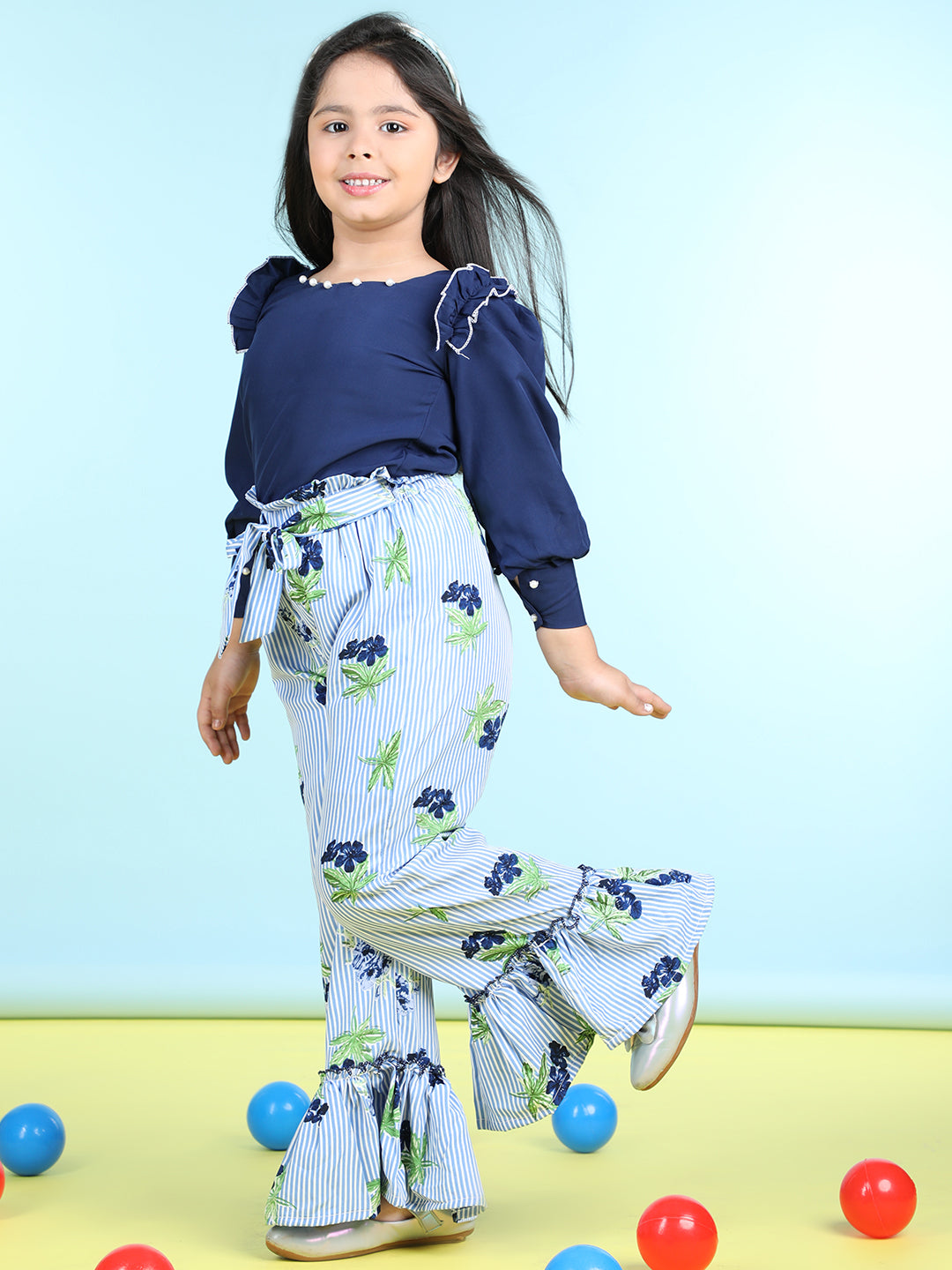 Cutiekins Polyester Solid Top & Printed Palazzos Set -Teal Blue & Turquoise Blue