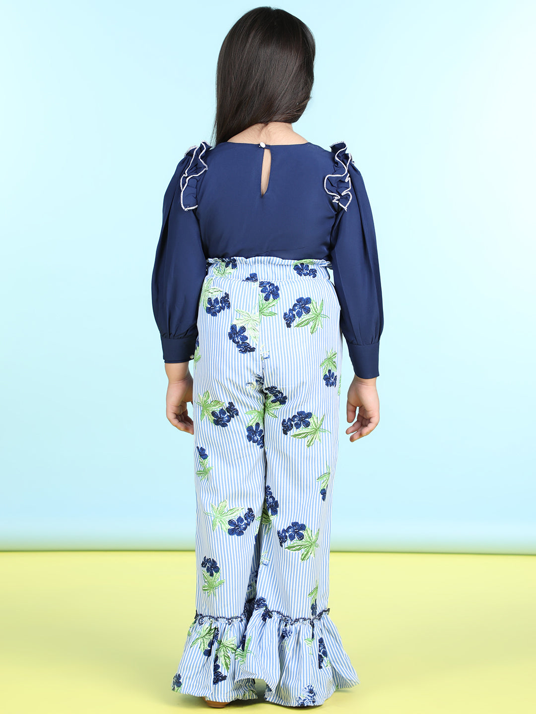 Cutiekins Polyester Solid Top & Printed Palazzos Set -Teal Blue & Turquoise Blue