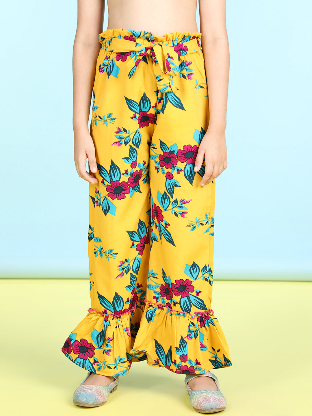 Cutiekins Printed Polyester Palazzos- Mustard & Red