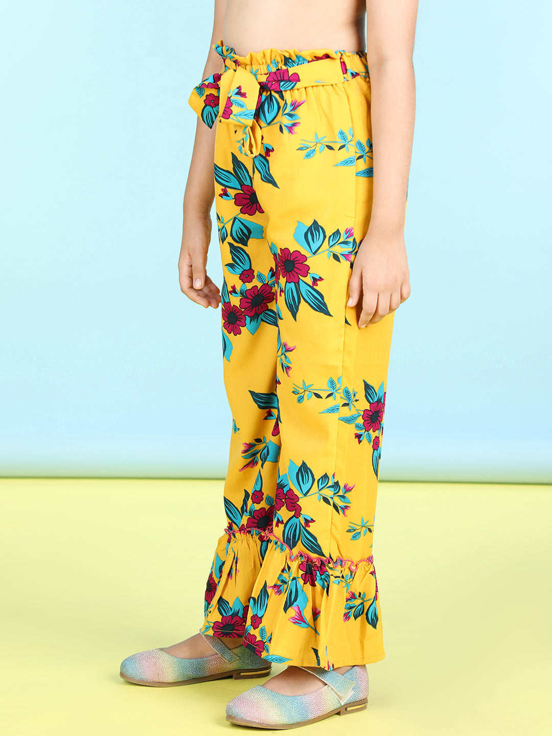 Cutiekins Printed Polyester Palazzos- Mustard & Red