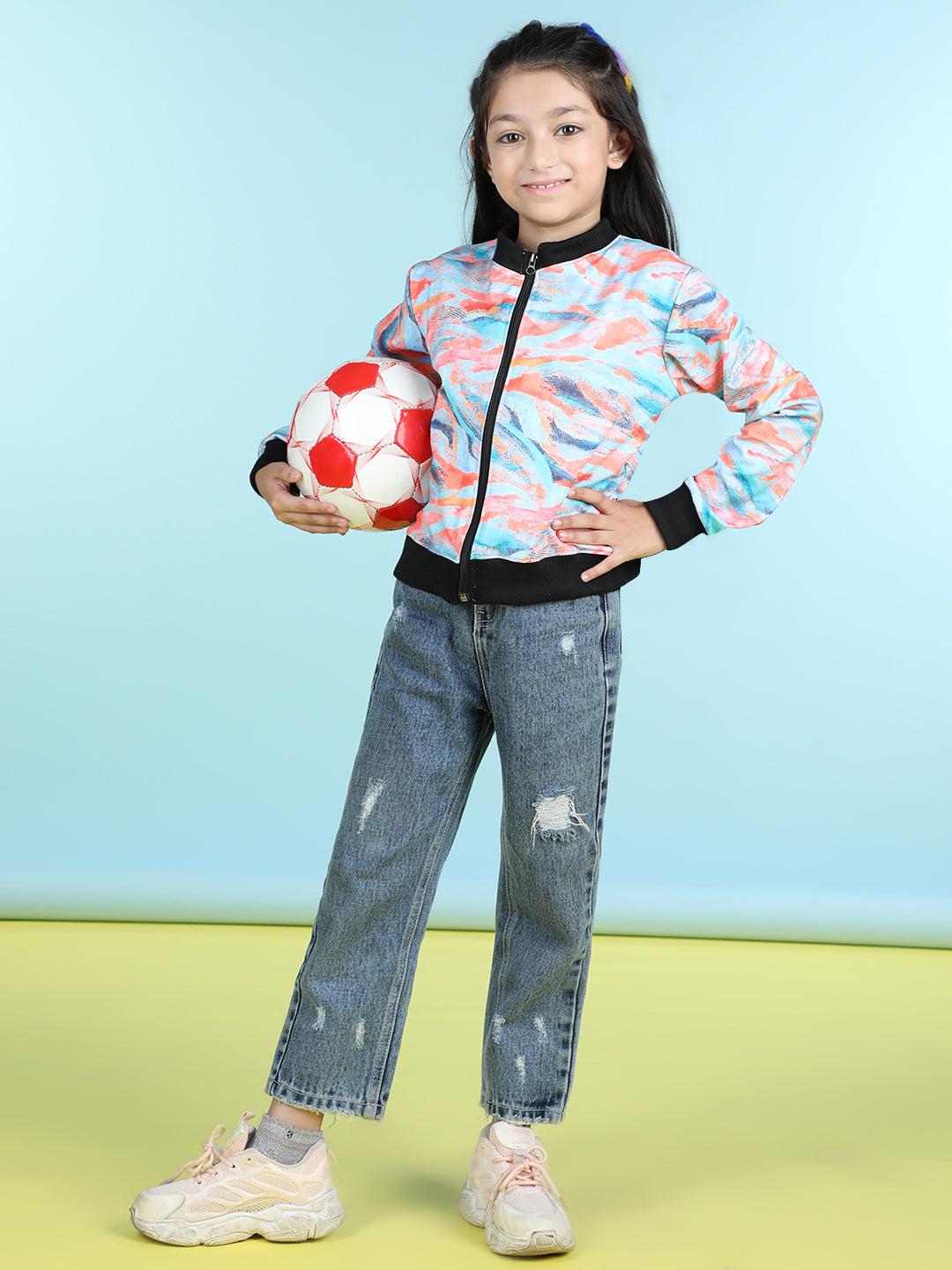 Cutiekins Cotton Lycra Wave Printed Full Sleeves Jacket-Turquoise Blue & Black