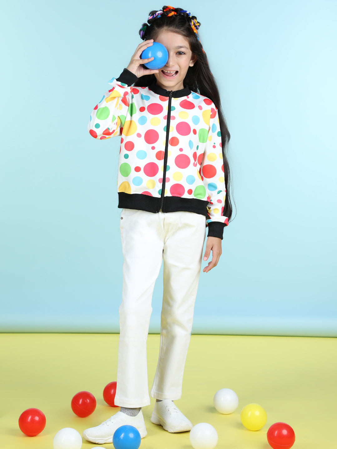 Cutiekins Cotton Lycra Polka Print Full Sleeves Jacket-Off White & Black