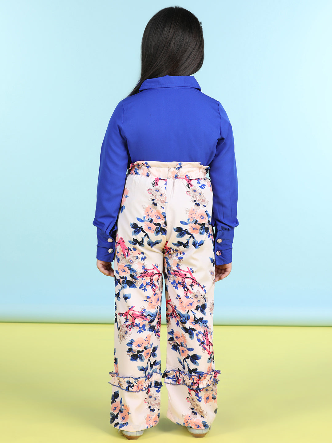 Cutiekins Polyester Solid Top & Printed Palazzos Set -Royal Blue & Peach