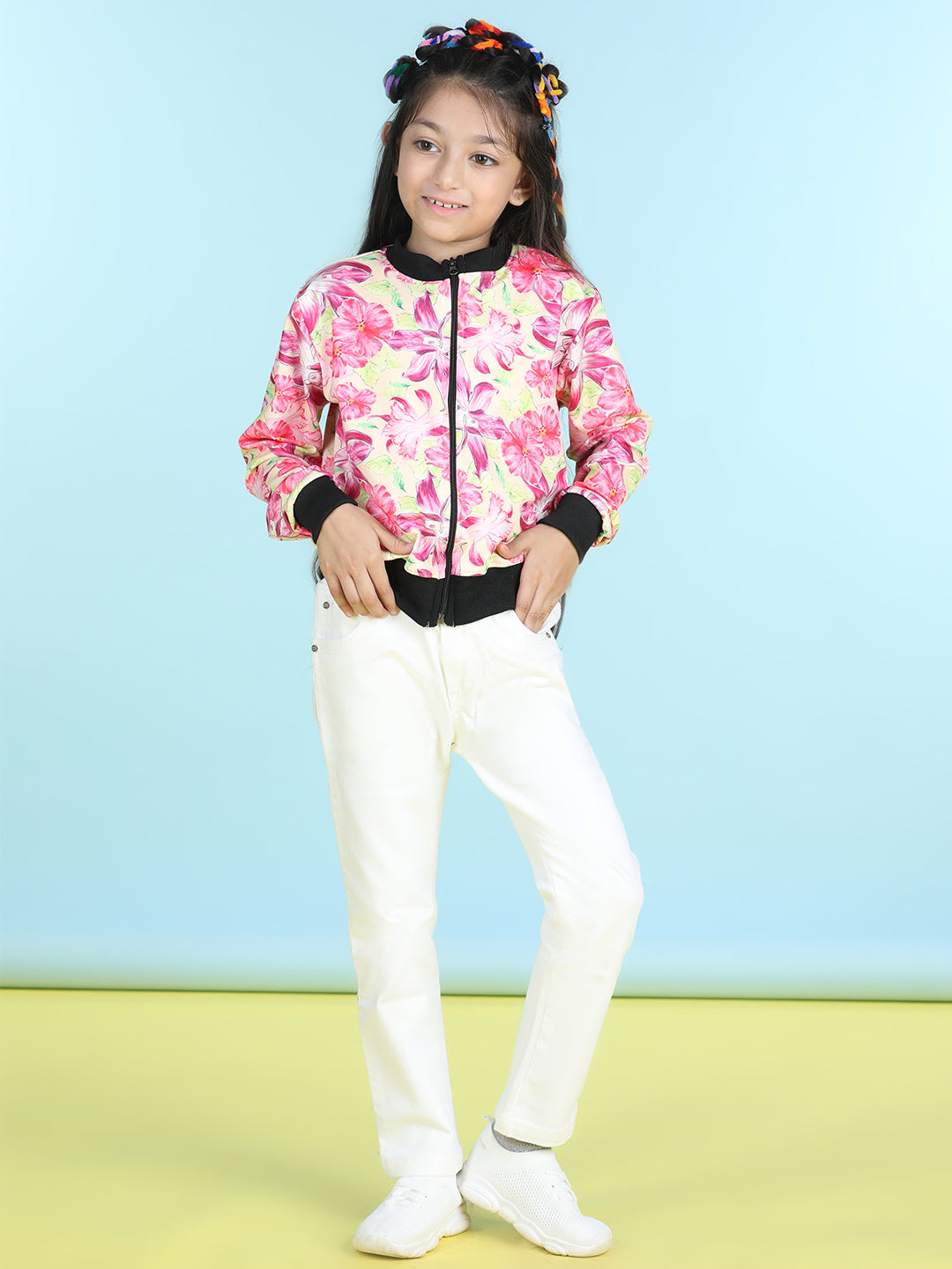 Cutiekins Cotton Lycra Floral Printed Full Sleeves Jacket-Fuchsia Pink & Black
