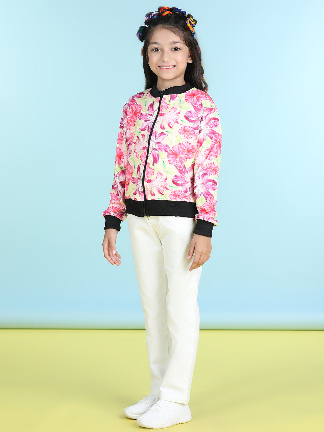 Cutiekins Cotton Lycra Floral Printed Full Sleeves Jacket-Fuchsia Pink & Black