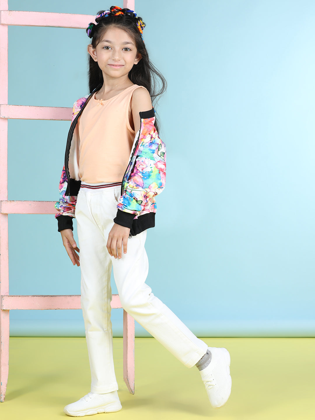 Cutiekins Cotton Lycra Floral Printed Full Sleeves Jacket-Off White & Black