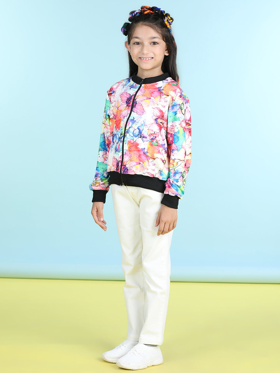 Cutiekins Cotton Lycra Floral Printed Full Sleeves Jacket-Off White & Black