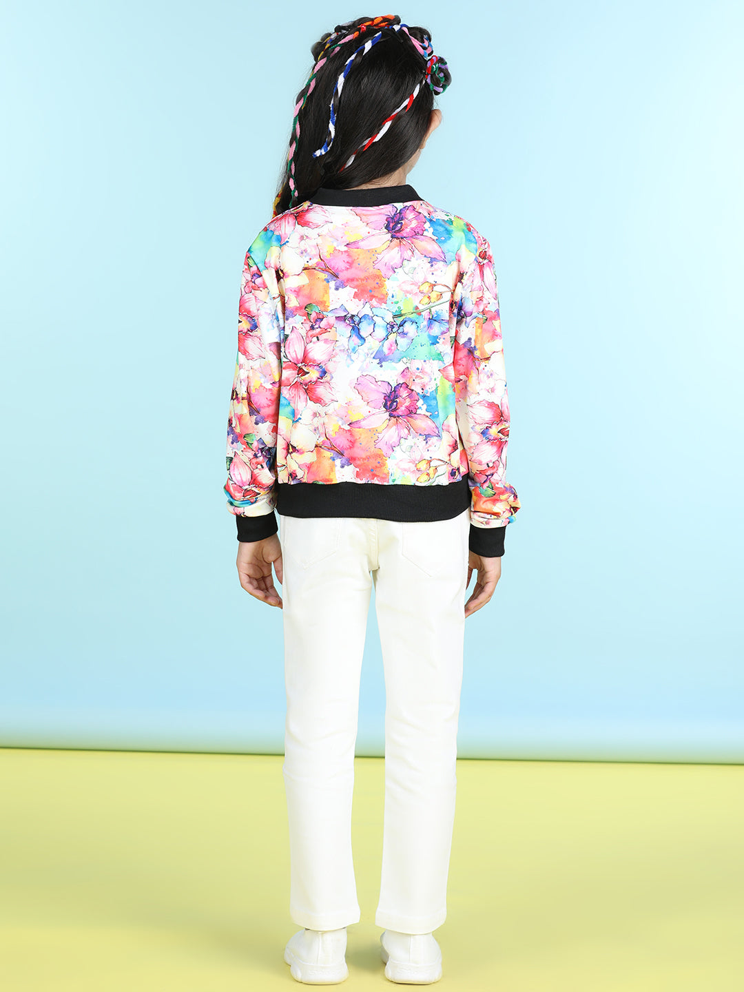 Cutiekins Cotton Lycra Floral Printed Full Sleeves Jacket-Off White & Black