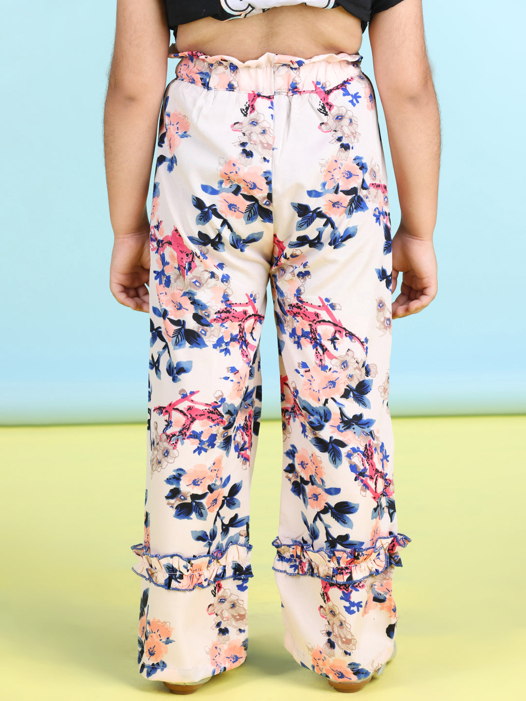 Cutiekins Printed Polyester Palazzos- Peach & Blue
