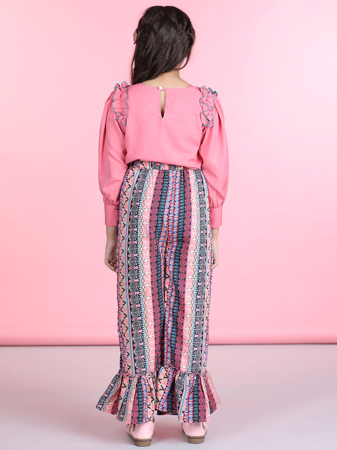 Cutiekins Polyester Solid Top & Printed Palazzos Set -Peach & Multi