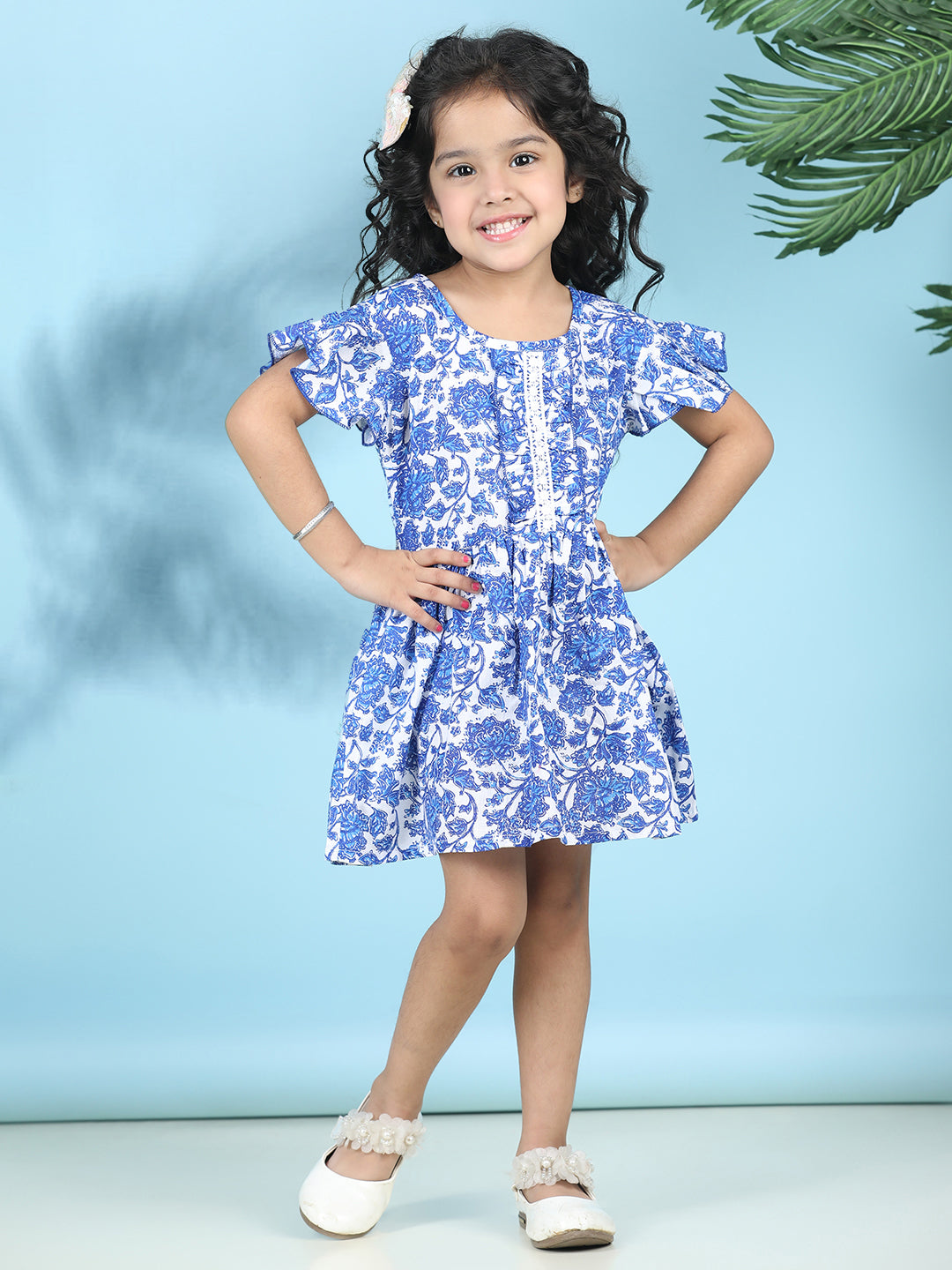 Cutiekins Girls Trendy & Stylish Floral Printed Dress -Off White & Blue
