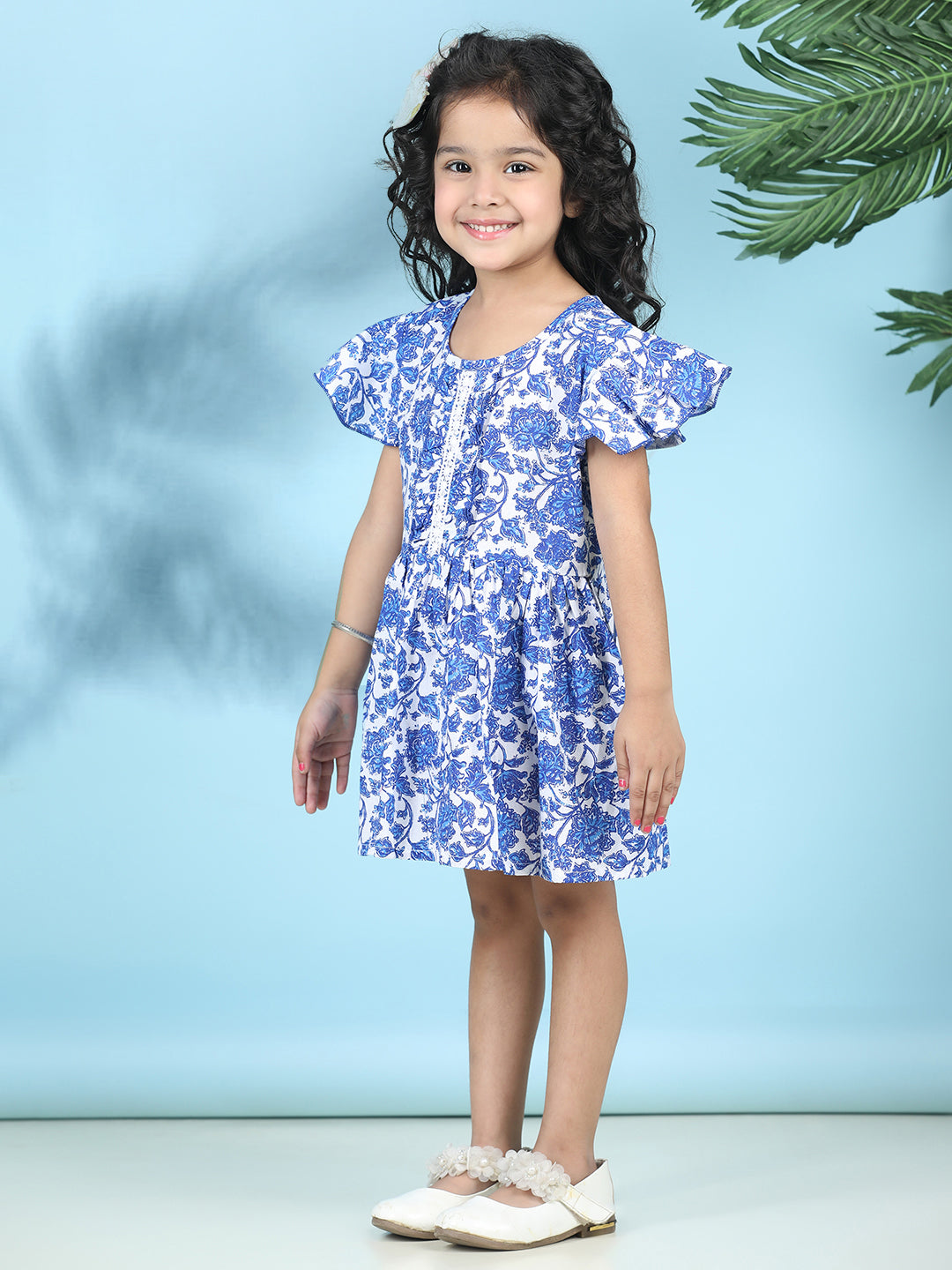 Cutiekins Girls Trendy & Stylish Floral Printed Dress -Off White & Blue