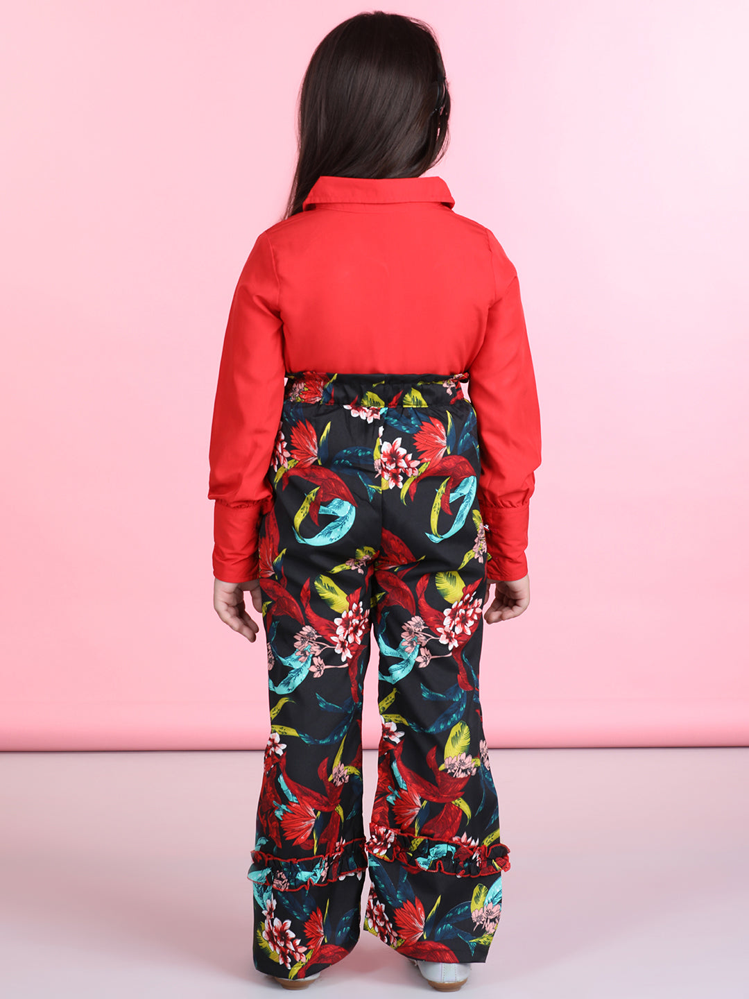Cutiekins Polyester Solid Top & Printed Palazzos Set -Red & Black