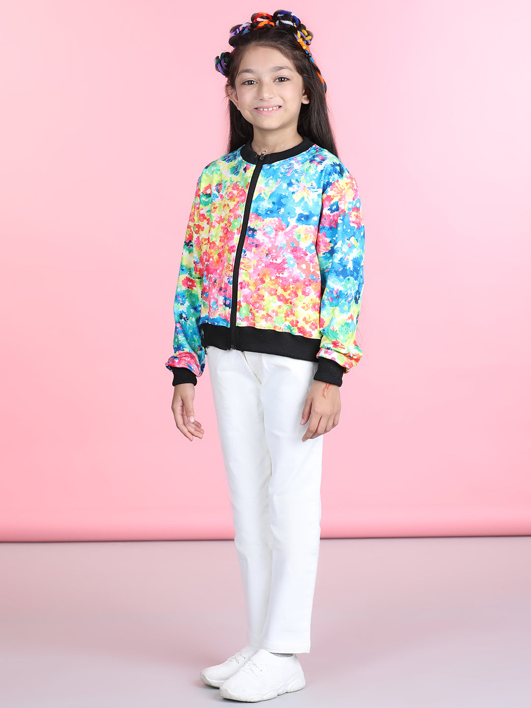 Cutiekins Cotton Lycra Tie & Dye Printed Full Sleeves Jacket-Turquoise Blue & Black