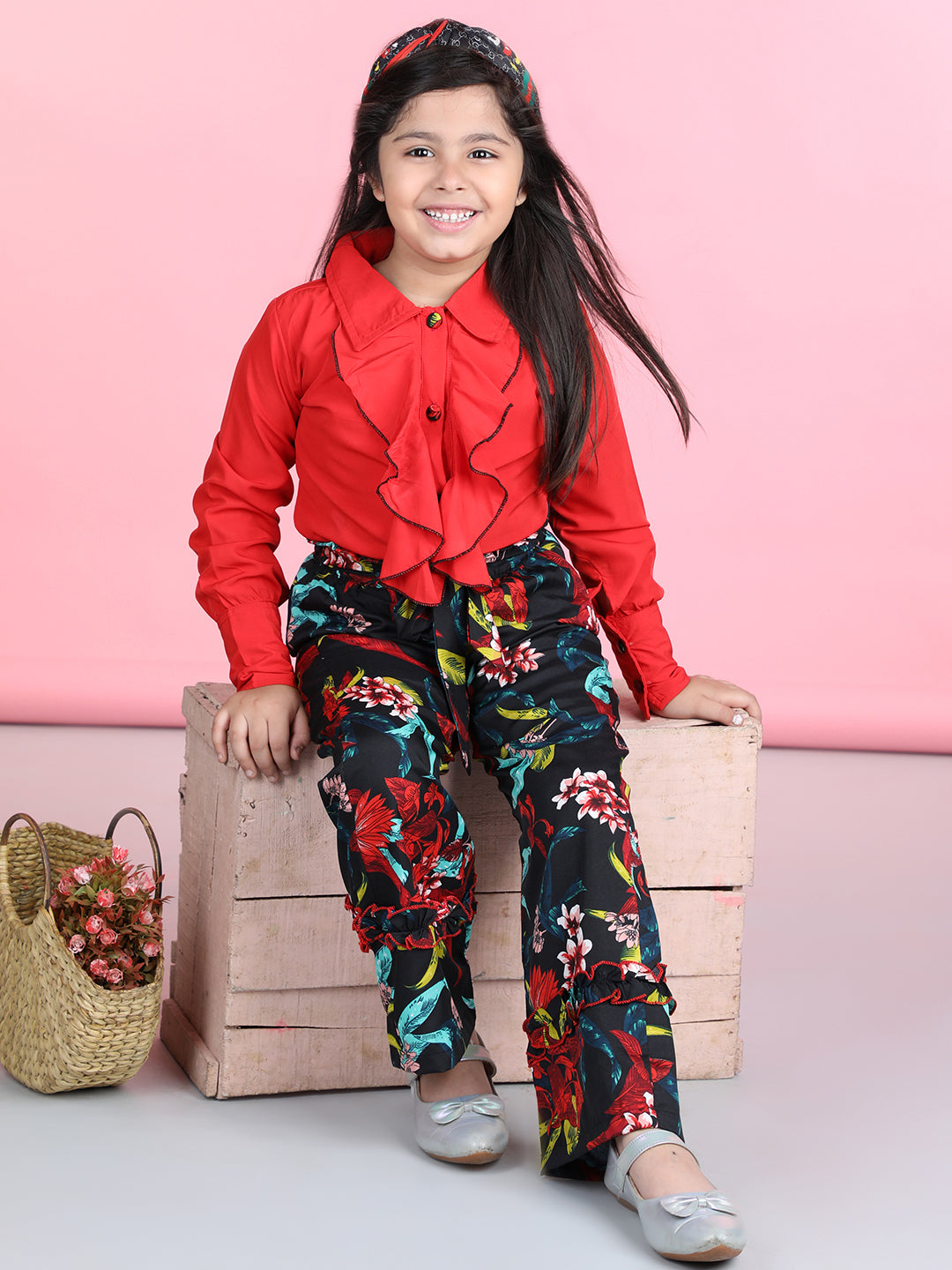 Cutiekins Polyester Solid Top & Printed Palazzos Set -Red & Black