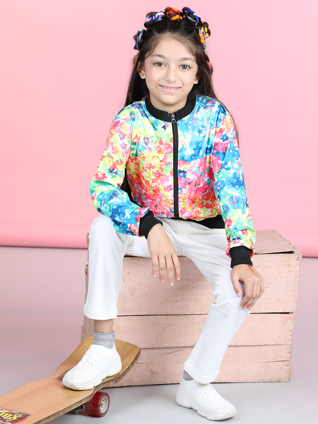 Cutiekins Cotton Lycra Tie & Dye Printed Full Sleeves Jacket-Turquoise Blue & Black