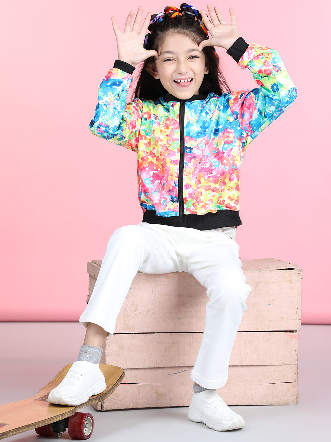 Cutiekins Cotton Lycra Tie & Dye Printed Full Sleeves Jacket-Turquoise Blue & Black