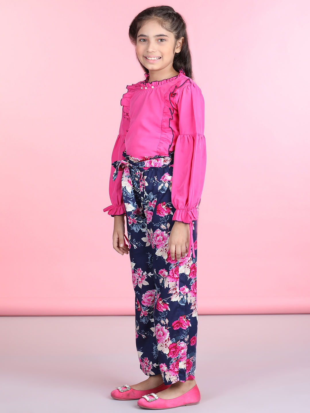 Cutiekins Polyester Solid Top & Printed Palazzos Set -Pink & Navy Blue