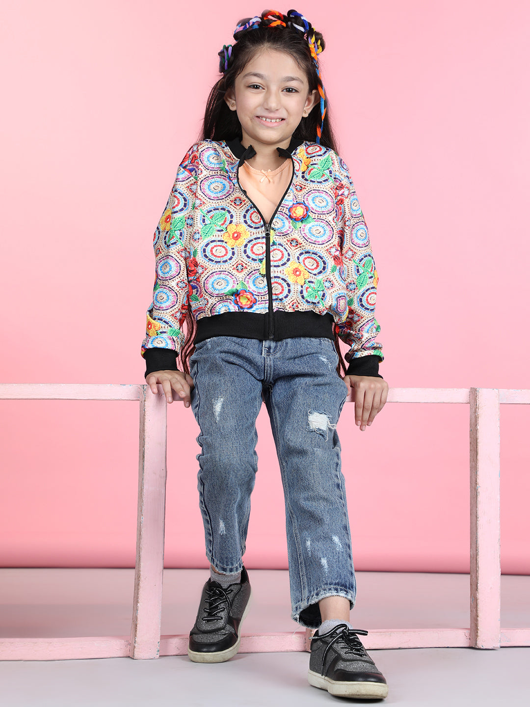 Cutiekins Cotton Lycra Geometric Print Full Sleeves Jacket-Beige & Black