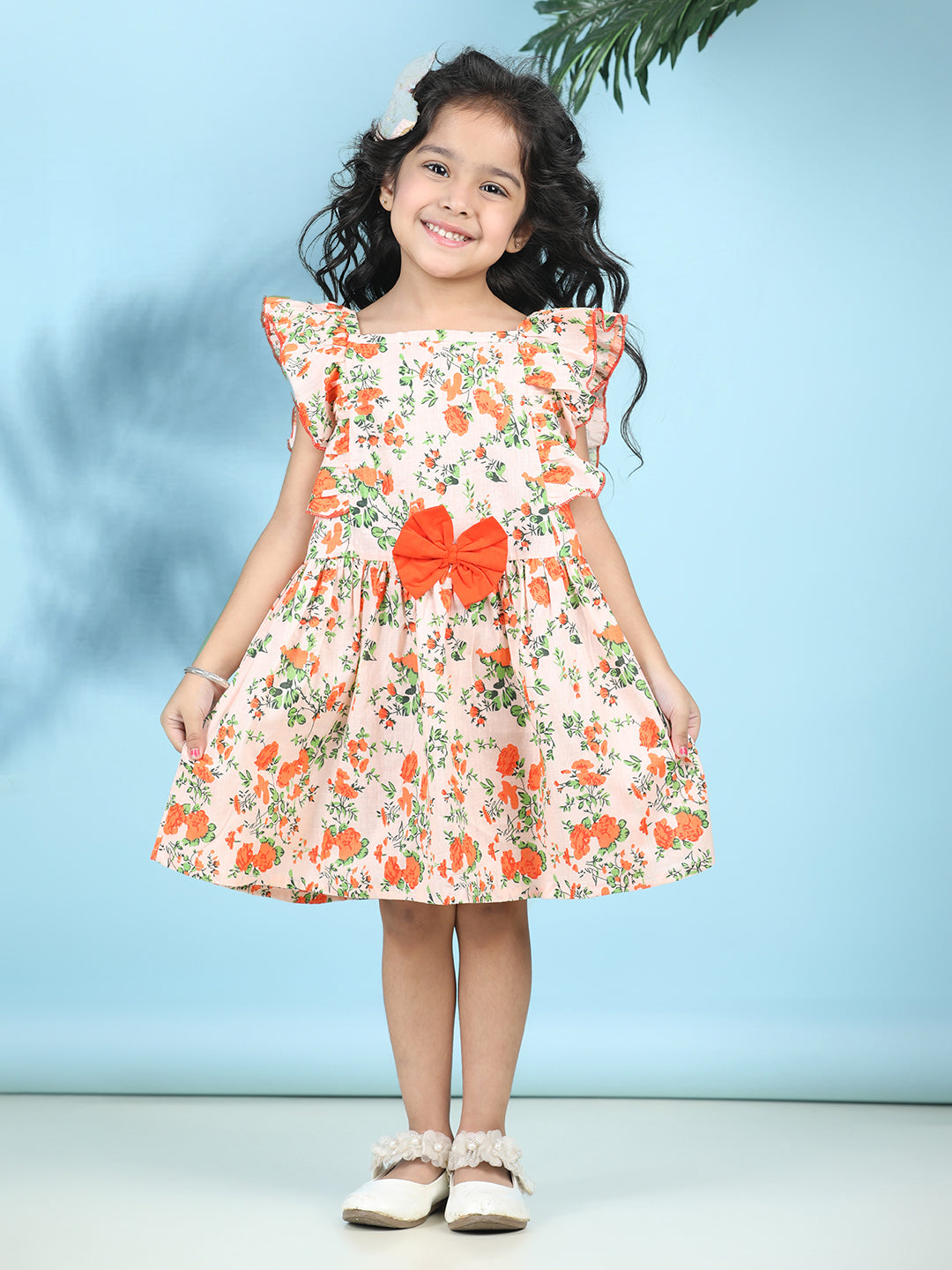 Cutiekins Girls Trendy & Stylish Floral Printed Dress -Peach & Orange