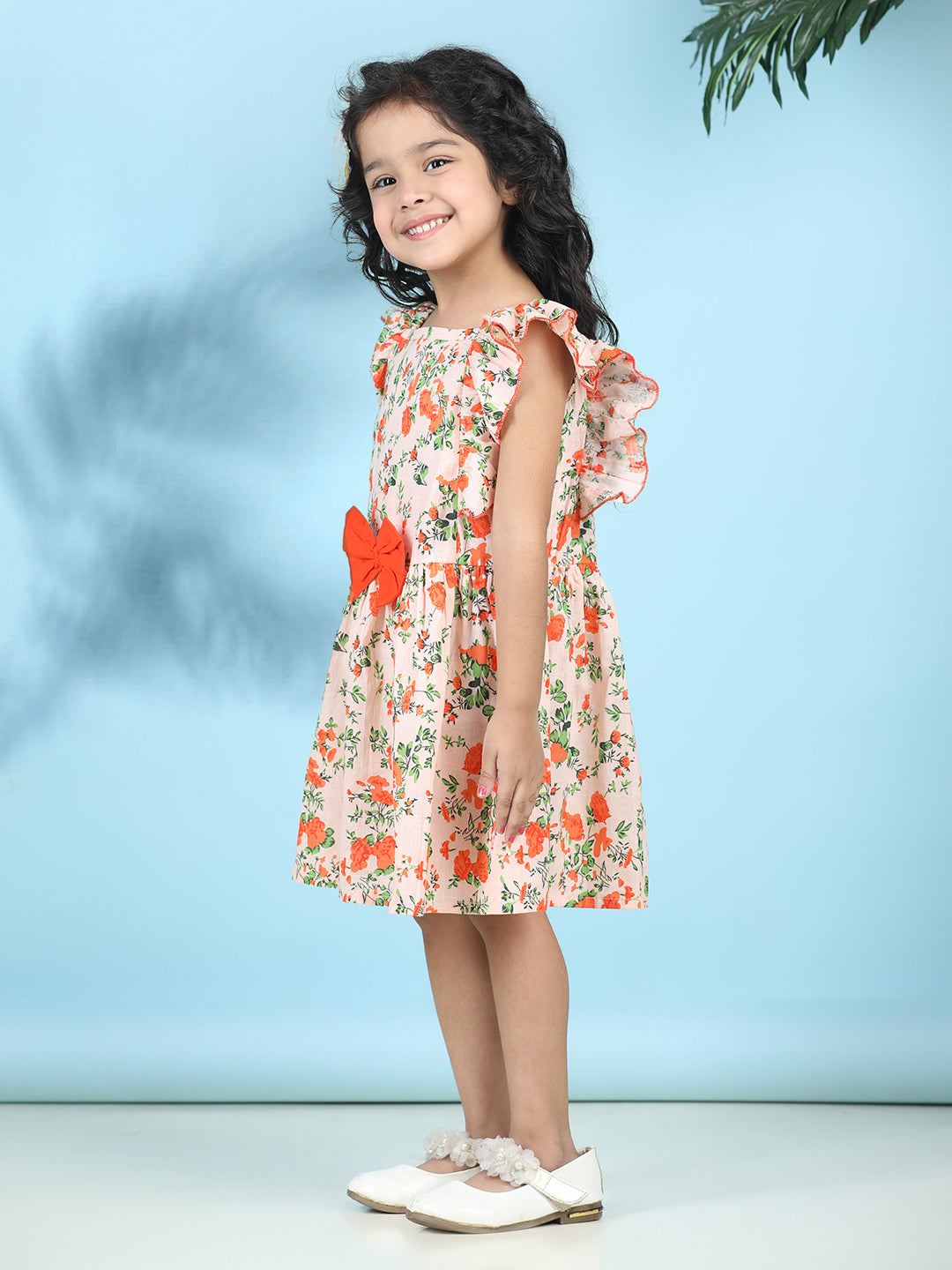 Cutiekins Girls Trendy & Stylish Floral Printed Dress -Peach & Orange