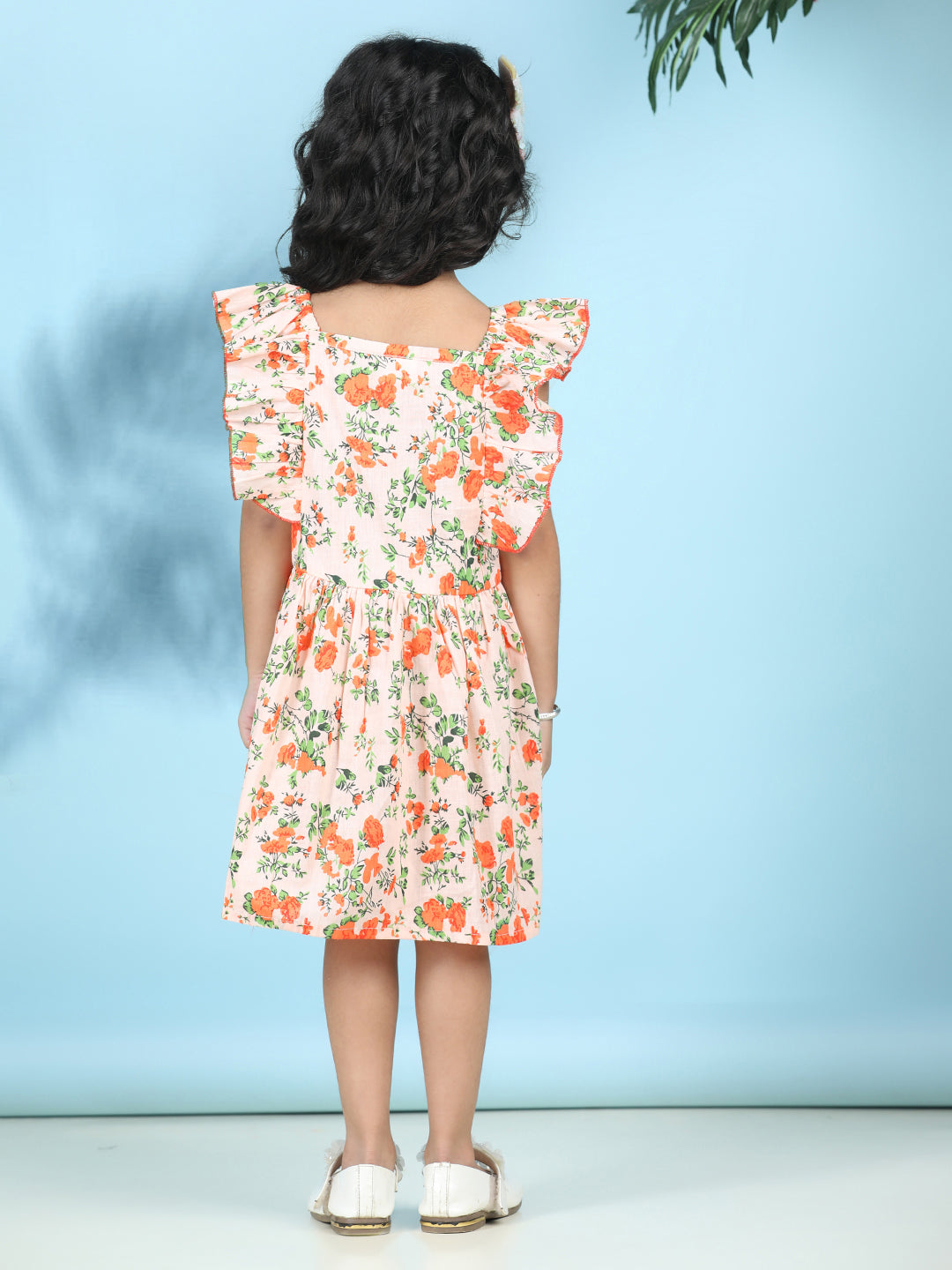 Cutiekins Girls Trendy & Stylish Floral Printed Dress -Peach & Orange