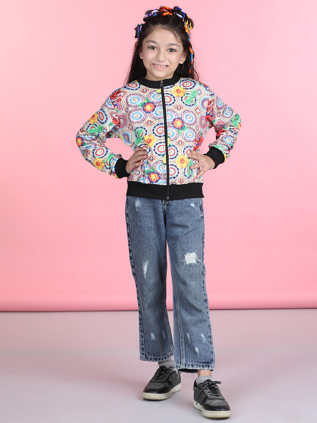 Cutiekins Cotton Lycra Geometric Print Full Sleeves Jacket-Beige & Black