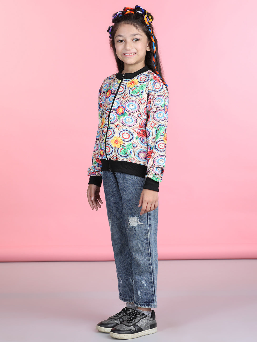 Cutiekins Cotton Lycra Geometric Print Full Sleeves Jacket-Beige & Black