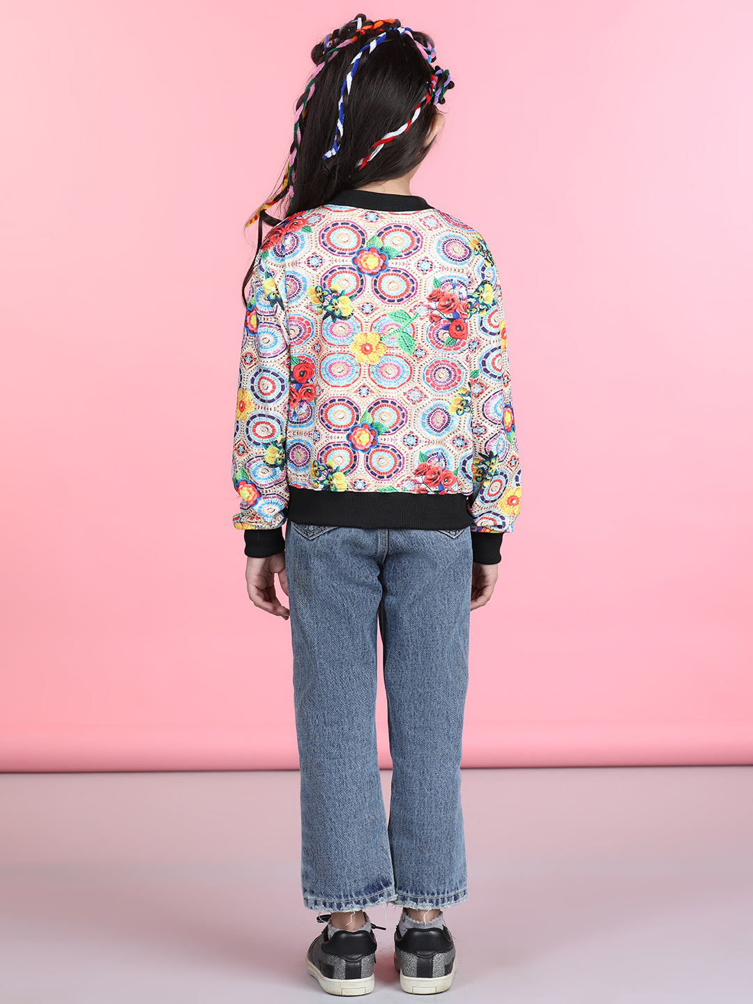 Cutiekins Cotton Lycra Geometric Print Full Sleeves Jacket-Beige & Black