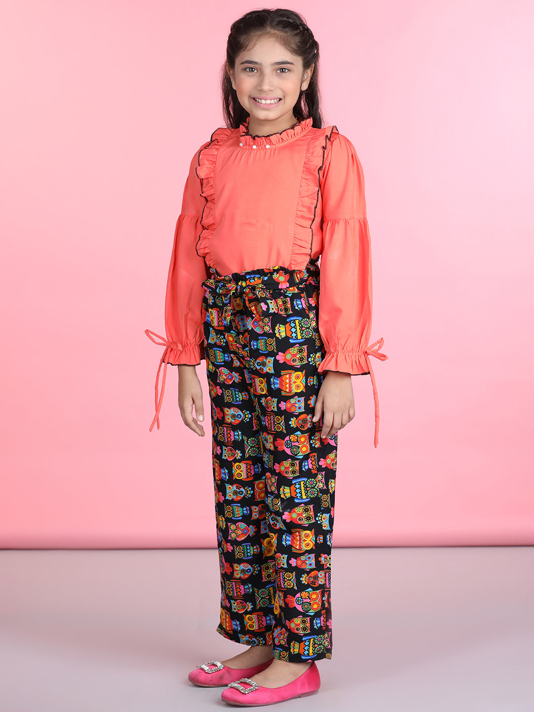 Cutiekins Polyester Solid Top & Printed Palazzos Set -Orange & Black