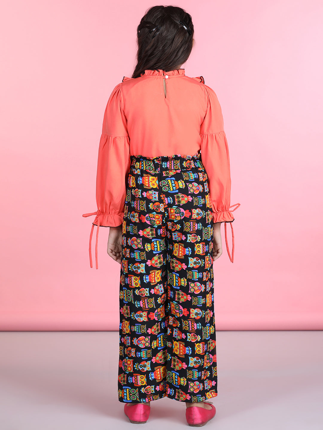 Cutiekins Polyester Solid Top & Printed Palazzos Set -Orange & Black