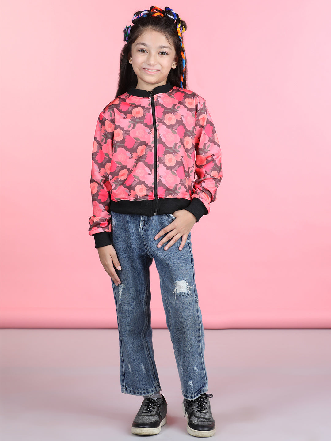 Cutiekins Cotton Lycra Floral Printed Full Sleeves Jacket-Peach & Black