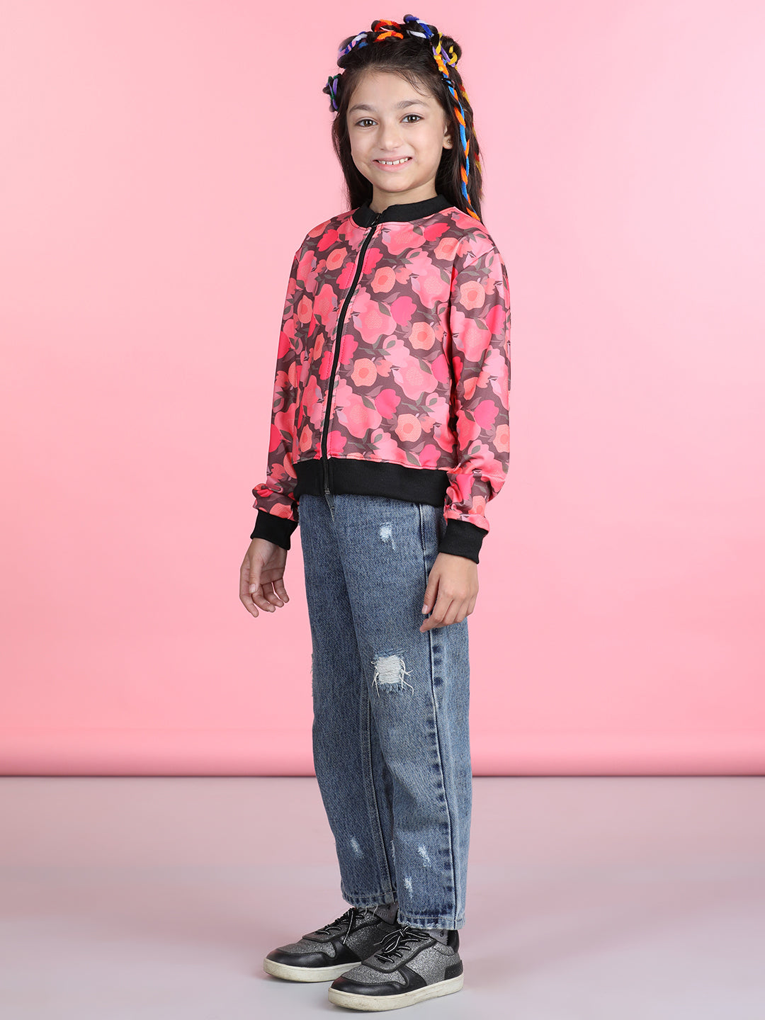 Cutiekins Cotton Lycra Floral Printed Full Sleeves Jacket-Peach & Black