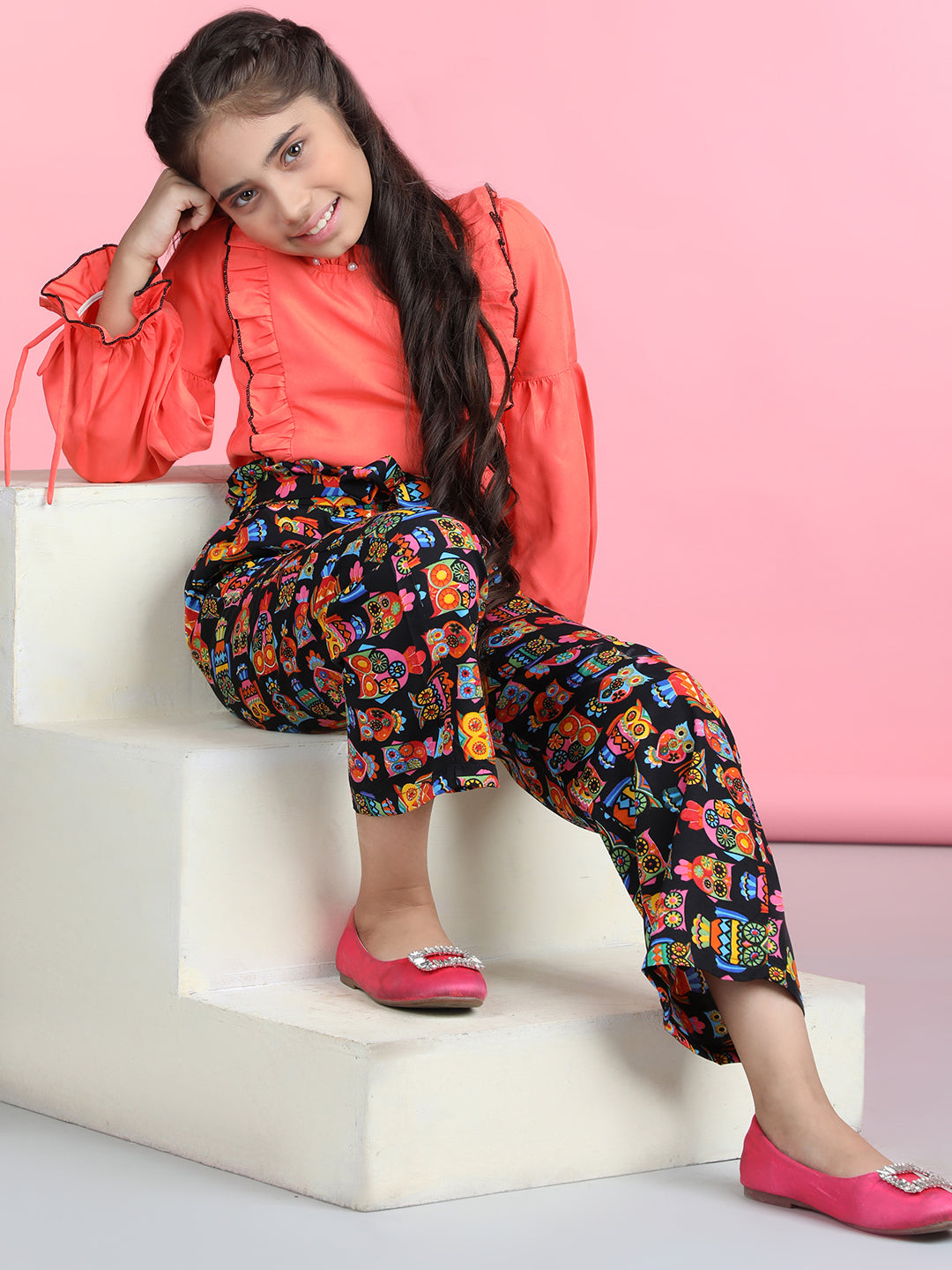 Cutiekins Polyester Solid Top & Printed Palazzos Set -Orange & Black