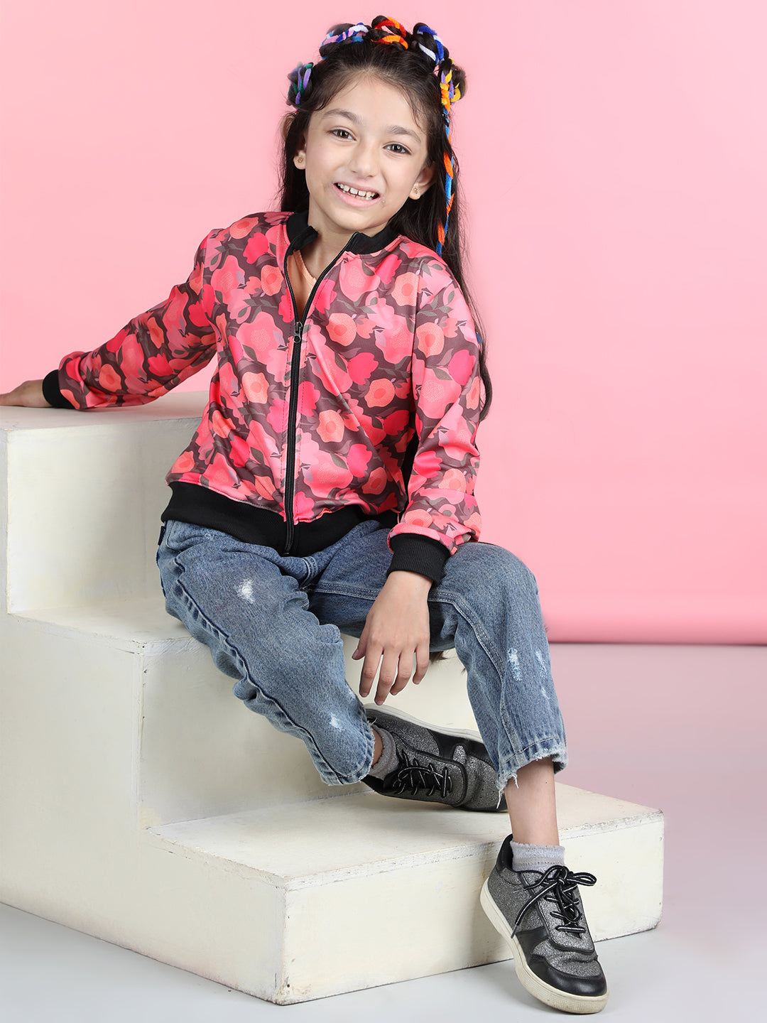 Cutiekins Cotton Lycra Floral Printed Full Sleeves Jacket-Peach & Black