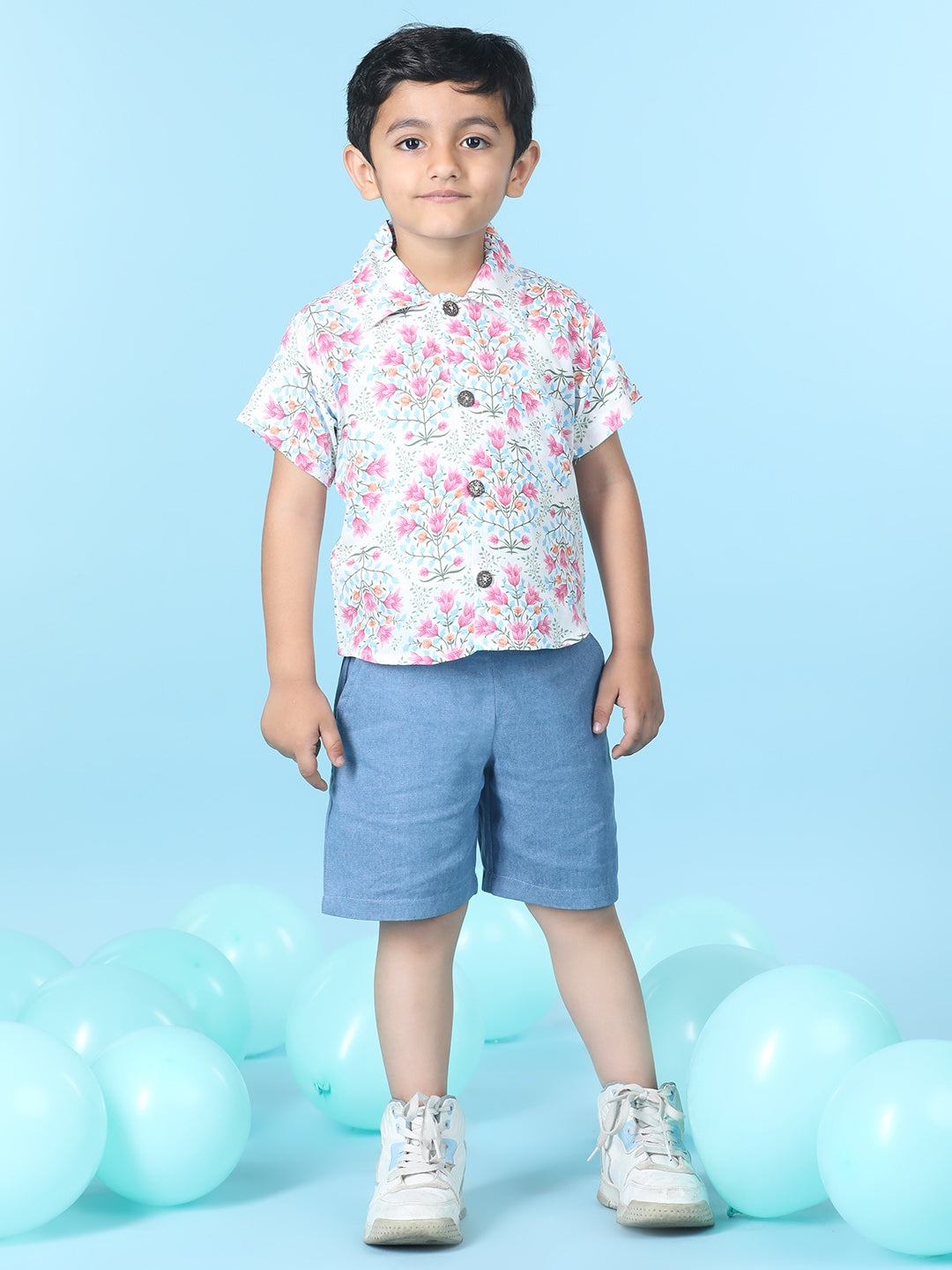 Cutiekins Boys Floral Print Shirt With Solid Short -White & Steel Blue