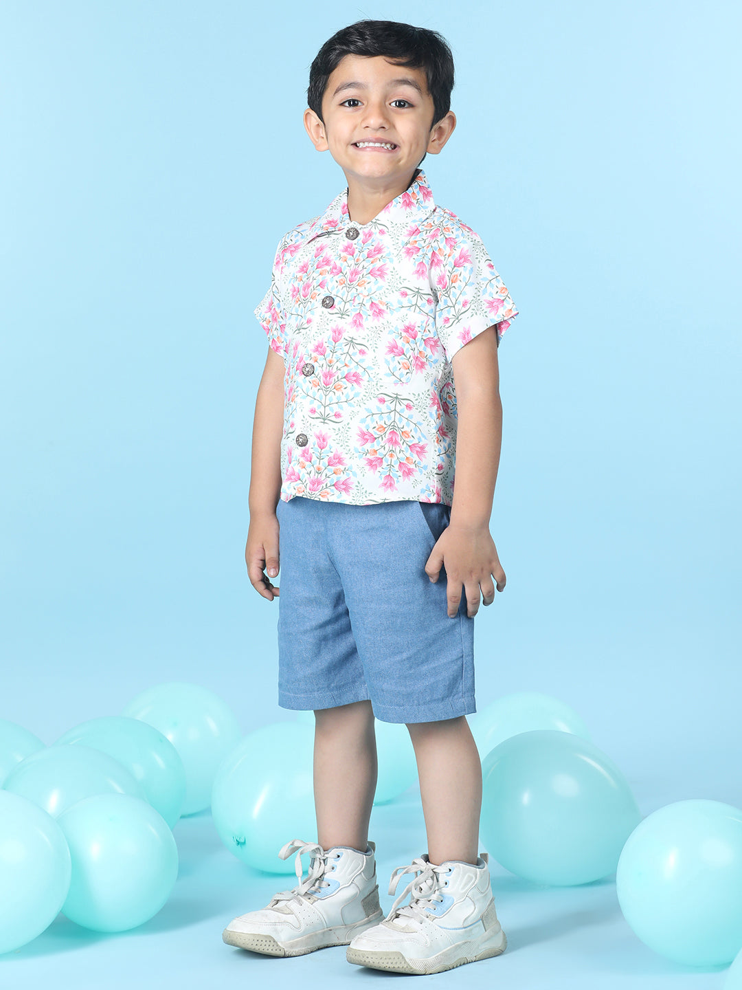 Cutiekins Boys Floral Print Shirt With Solid Short -White & Steel Blue