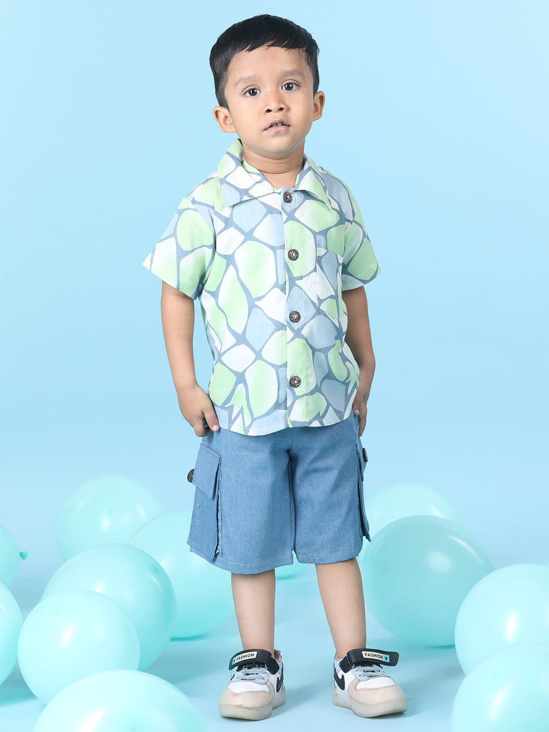 Cutiekins Boys Abstract Print Shirt With Solid Denim Short -Lime & Steel Blue