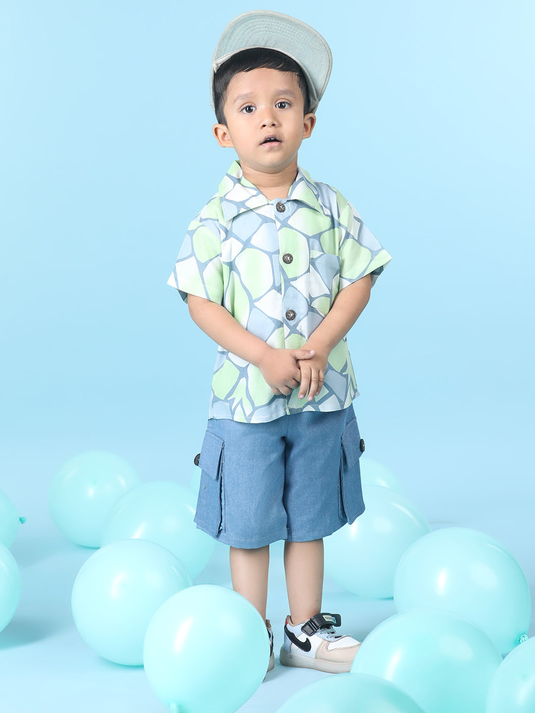 Cutiekins Boys Abstract Print Shirt With Solid Denim Short -Lime & Steel Blue
