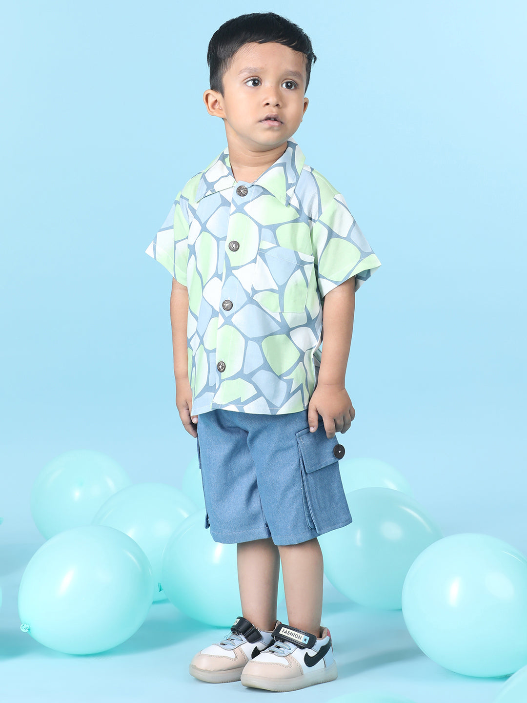 Cutiekins Boys Abstract Print Shirt With Solid Denim Short -Lime & Steel Blue