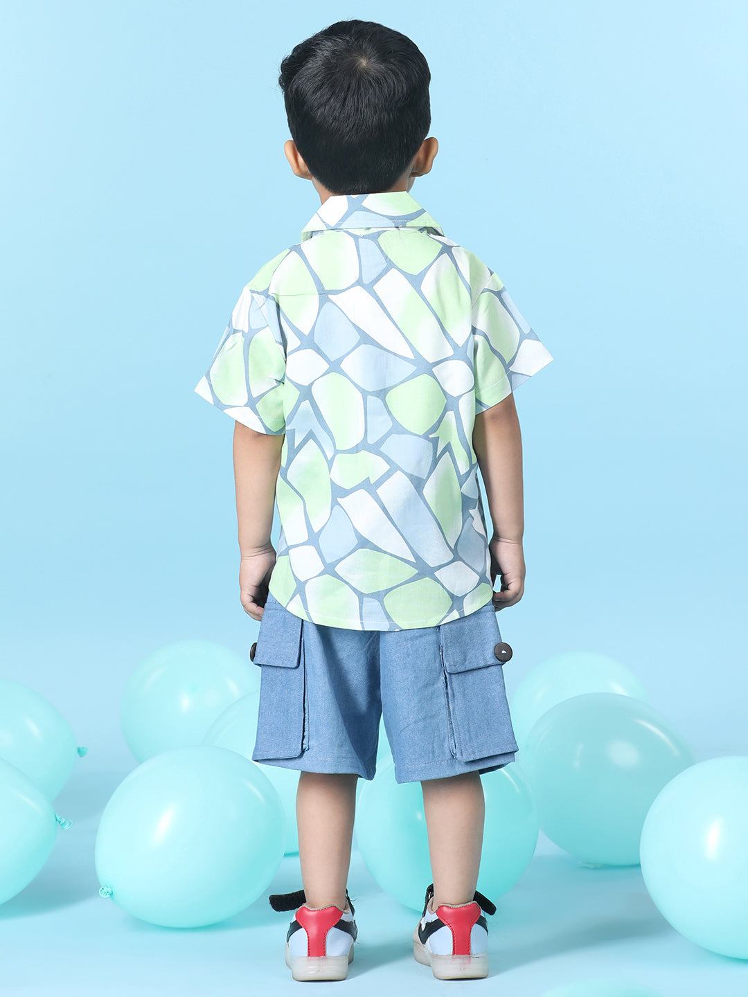 Cutiekins Boys Abstract Print Shirt With Solid Denim Short -Lime & Steel Blue