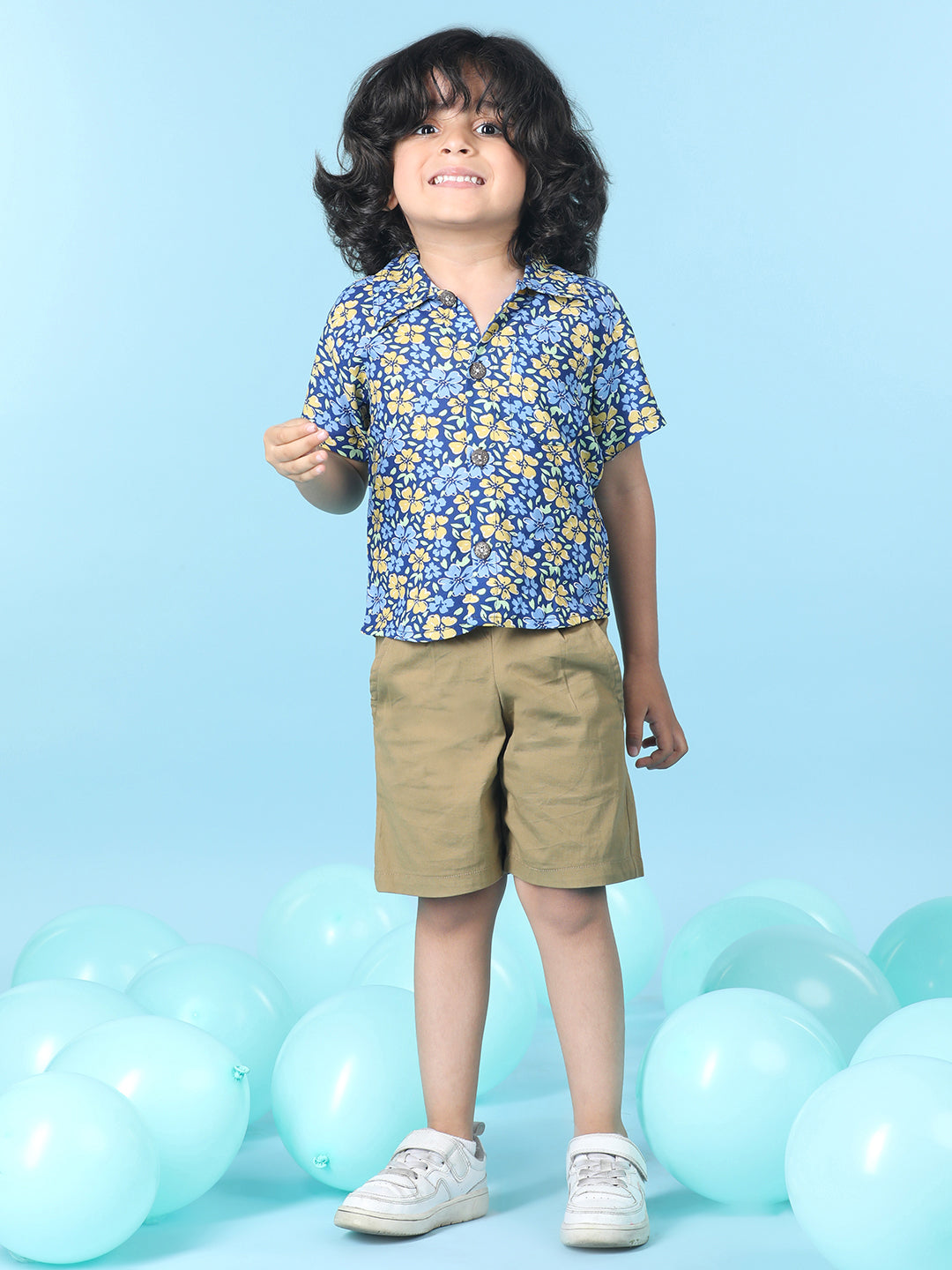 Cutiekins Boys Floral Print Shirt With Solid Short -Navy Blue & Camel Brown