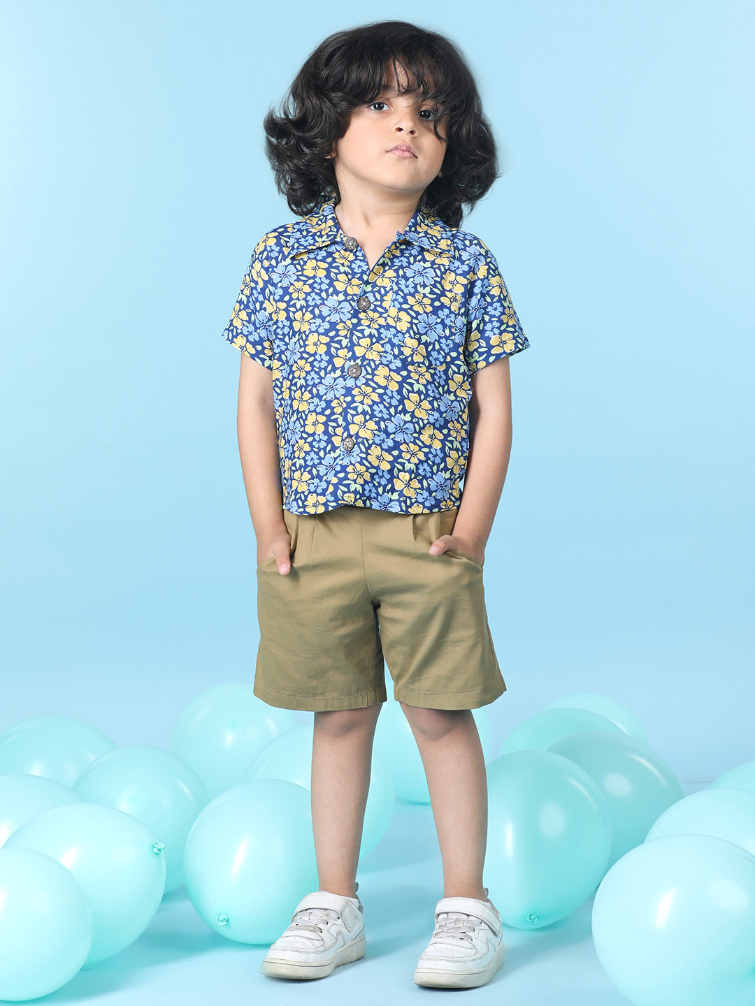 Cutiekins Boys Floral Print Shirt With Solid Short -Navy Blue & Camel Brown
