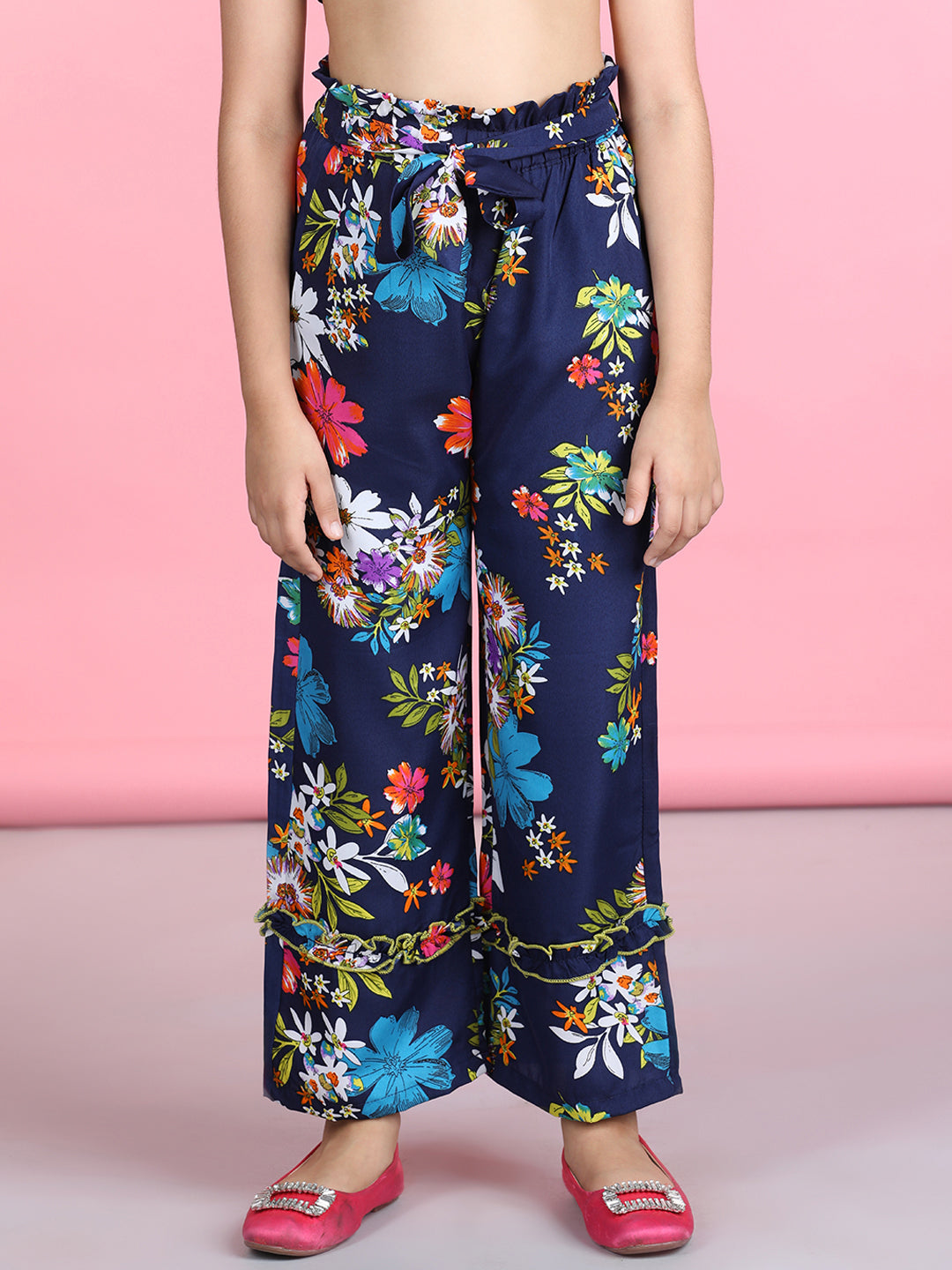 Cutiekins Printed Polyester Palazzos- Navy Blue & Multi