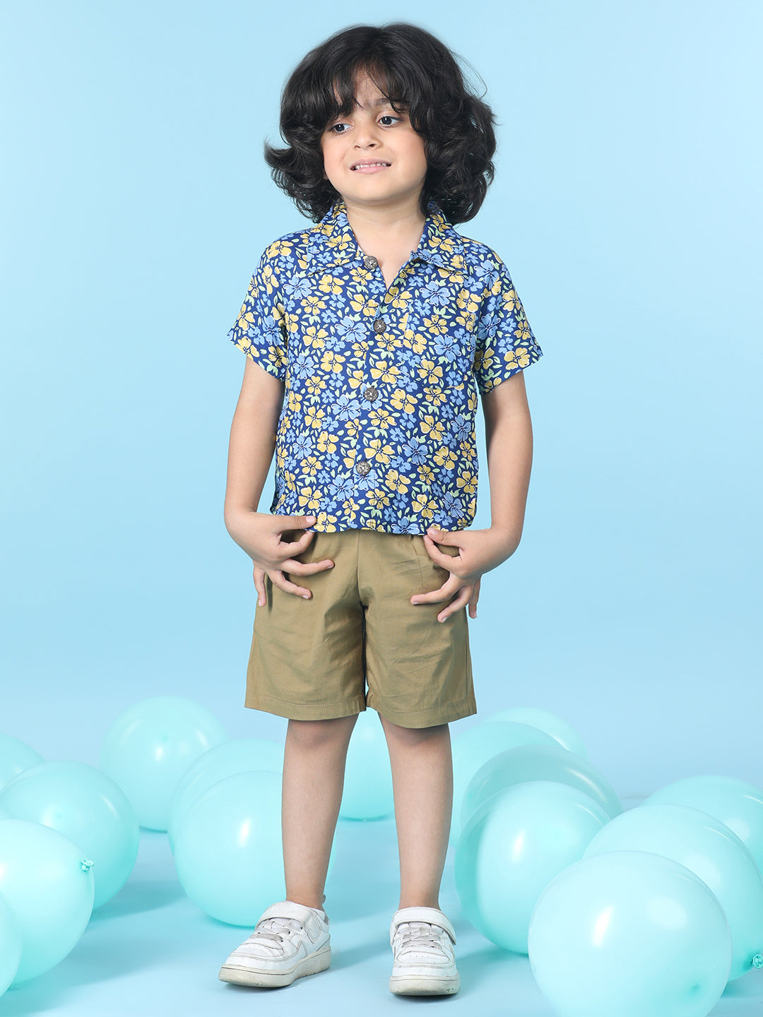 Cutiekins Boys Floral Print Shirt With Solid Short -Navy Blue & Camel Brown